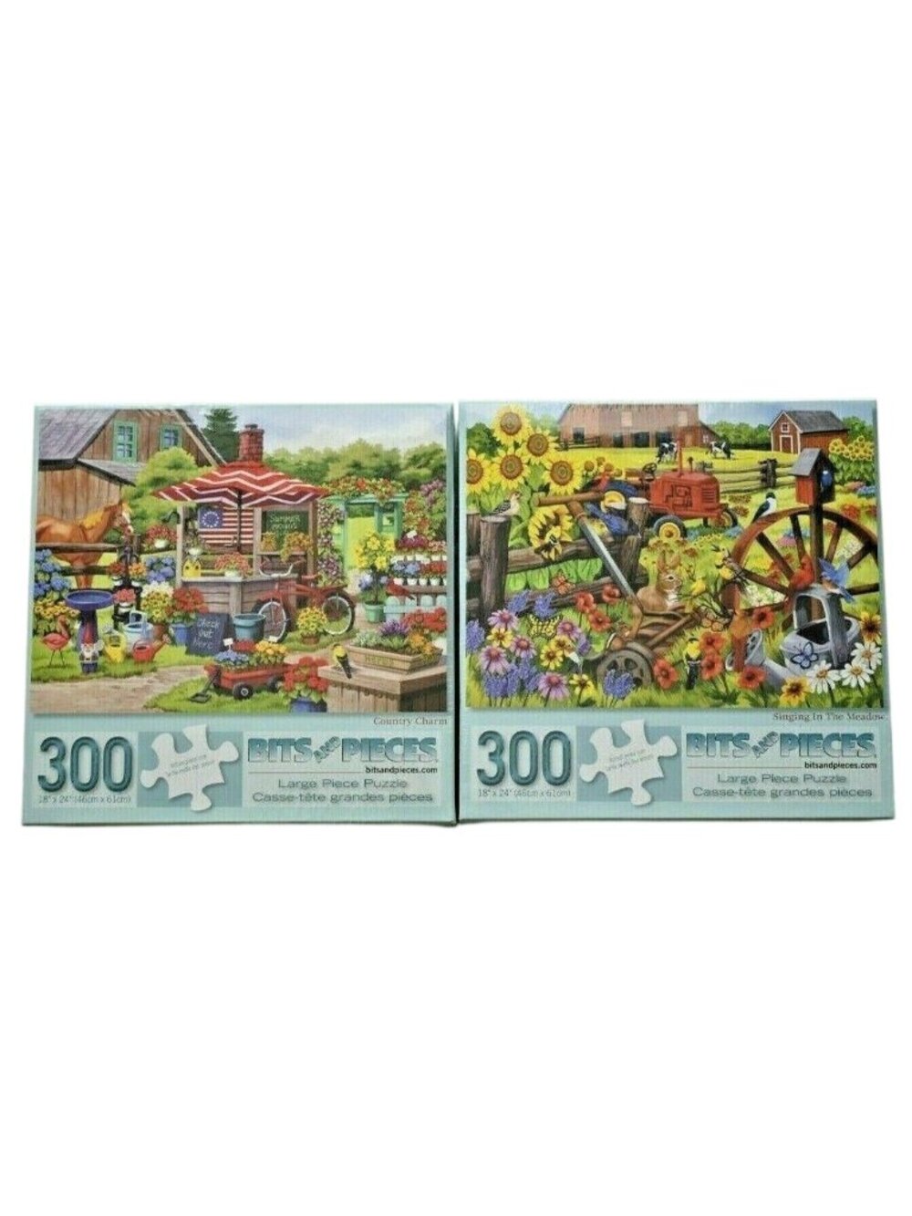 Bits and Pieces Farm Rooster Puzzle Lot of 2 Country Charm Meadow 300 Pc